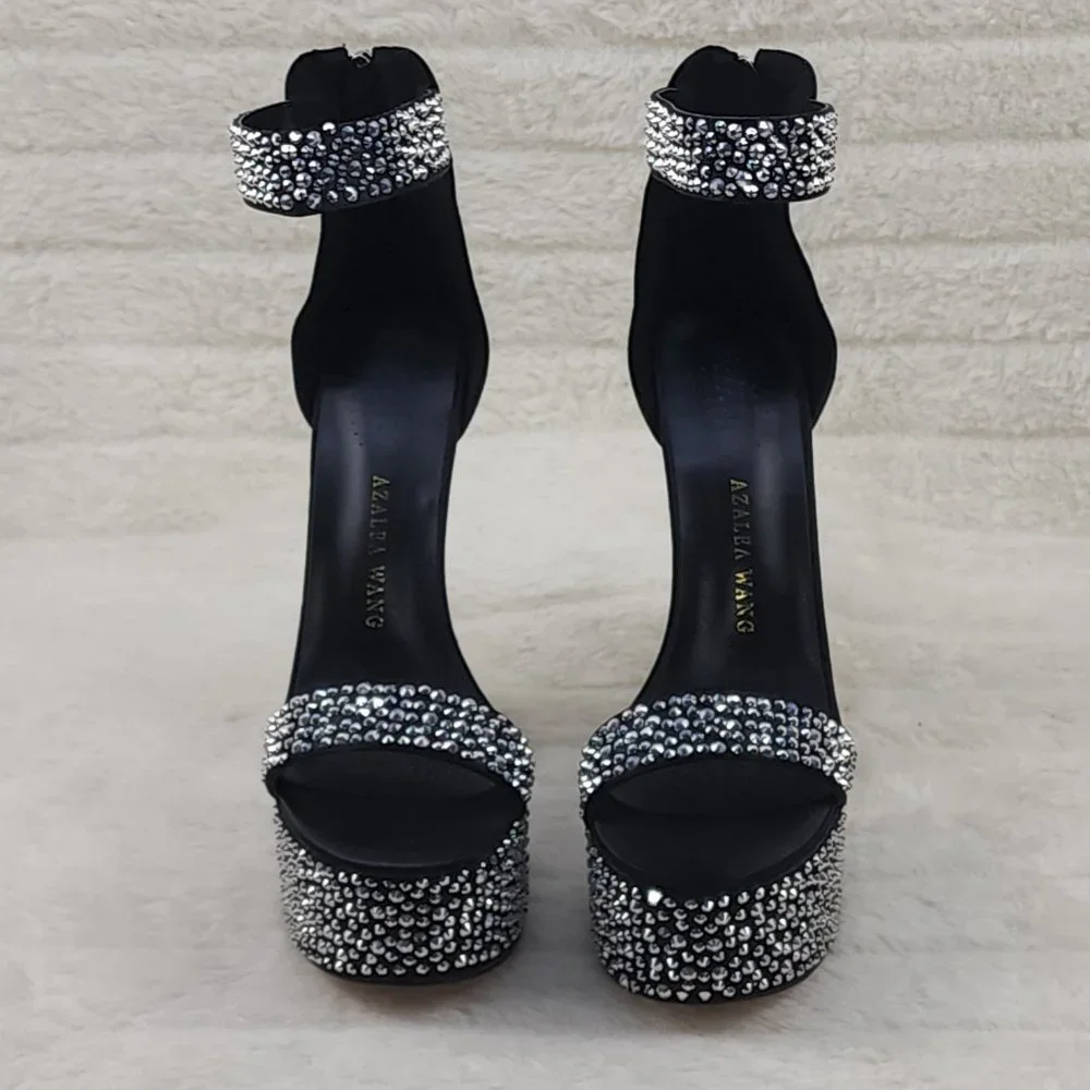 Black Satin & Silver Rhinestone Platform cylinder Heels YAR - Picture 4 of 9